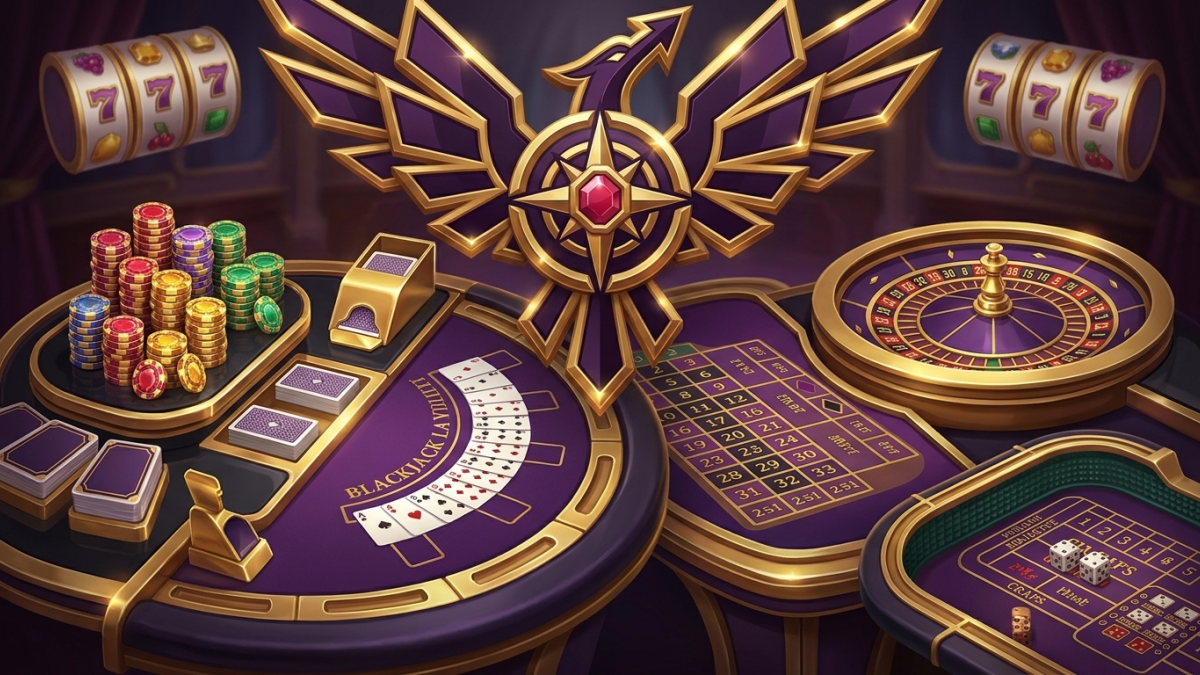 Table games layout showing cards, roulette wheel, and casino chips